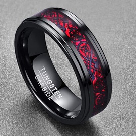 Corato 8mm Men's Black Celtic Dragon Tungsten Carbide Wedding Ring Red Opal Paper Inlay Polished Step Edges Comfort Fit Size 5.5