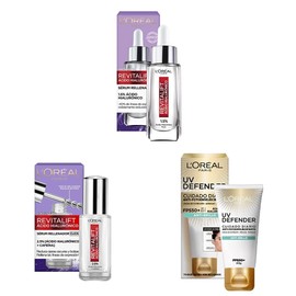 L'Oreal Paris Serum Facial Anti Arrugas Acido Hialuronico Revitalift L'Oreal Paris + Serum de Ojos Anti Líneas de Expresión 20 ml + Protector Solar Diario Anti-Brillo FPS50+ UV Defender, 40ml