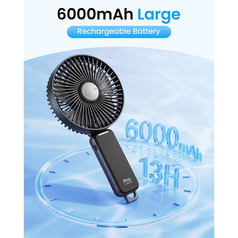 6 Inch Handheld Fan Rechargeable, Portable Hand Fan with 6000mAh