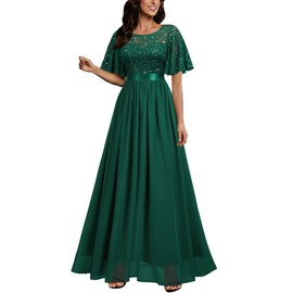 Miusol Women's Elegant Sequin Lace Butterfly Sleeve Formal Evening Maxi Dress (Small, Dark Green)