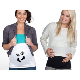 Mamaband Pregnancy Belly Band for Baby Ball in Double Pack 1 x Plain 1 x Print - Back Warmer and Shirt Extension for Pregnant Women - Elastic Maternity Wear, white/black