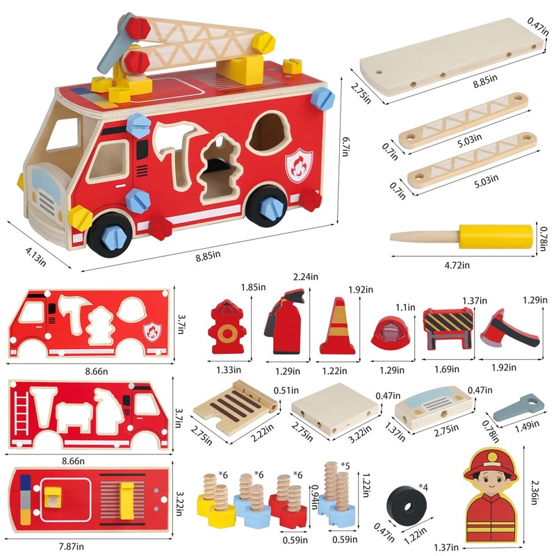 LOVELAND Wooden Fire Truck Toy – Take-Apart STEM Vehicle with