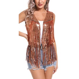 FEOYA Women's Fringe Vest Sparkly Sequin Gilet Top Glitter Tassel Waistcoat for Women Shiny Open Front Cardigan Retro Vintage Hippie Sleeveless Jacket Sparkle Vest Top Party Prom Rave Disco Gold S
