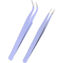 2pcs Straight and Curved Pointed Tweezers for Eyelash Extension - Nail Sticker Rhinestones Gems Picker - Stainless Steel Precision Tweezers (Purple)