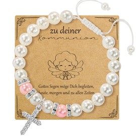 RMMD Communion Gifts for Girls, Communion Bracelet, Communion Gifts, Silver Guardian Angel Cross Bracelet, Pearl Bracelet, First Communion Gifts, Comes with Card and Fabric Bag, Stainless Steel, No