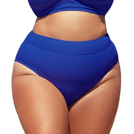 CUPSHE - Traje de baño para mujer, talla grande, parte inferior de bikini, cintura alta, textura acanalada, modesto y ancho, Azul Real, Large