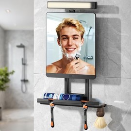ENVTEK - Espejo de ducha sin niebla con calefacción con luces regulables de 3 colores (3 modos), montaje extraíble sin perforación y soporte de afeitar para afeitado de baño, antiempañamiento