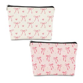 2PCS Pink Bow Makeup Bag for Women Girls, Pink Lovely Heart and Bow Preppy Make up Pouch with Zipper, Stylish and Cute Coquette Makeup Bags,Travel Toiletry Bag Gifts for Women Teens Girls (Printing)