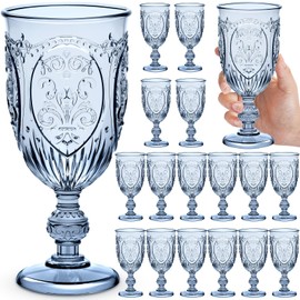Wiwiqing 18 Pack Plastic Goblets 10oz Upgrade Vintage Water Goblet Plastic Wine Glasses Colored Retro Embossed Glassware for Party Wine Bar Juice Baby Shower Wedding Reception Grand (Blue)
