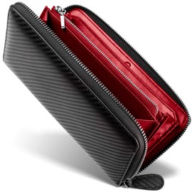 GRACE Men's Wallet, Round Zipper, Italian, Carbon Leather, Large Capacity, Long Wallet, Genuine Leather, For Gentlemen, Business, Saifu, Carbon, red