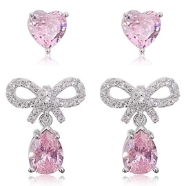 Pink Earrings for Women Rhinestone Bow Earrings Pink Stud Earrings for Girls Silver Bow Earrings Pink Jewelry Accessories