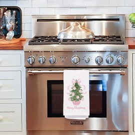 Pink Christmas Kitchen Towels, Chinoiserie Coquette Pink Bow Christmas Ball Tree Hand Towels, Pink Christmas Decor Dish Towels Tea Towels for Kitchen, Christmas Kitchen Bathroom Decor, 16x24 Inches