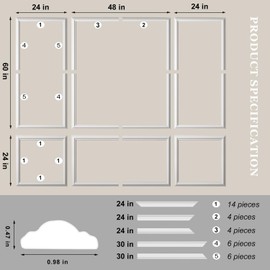 3 Set Peel and Stick Wall Molding Kit,Premade Self Adhesive Wainscoting Panels,Ready to Assemble Accent Molding Trim for Interior Wall Moulding Decor (24x60in)