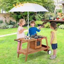 HONEY JOY Mud Kitchen with Umbrella, Wooden Rolling Mud Table Cart, Toddler Outdoor Kitchen Playset, Sink, Faucet, Planting Pots, Utensils, Storage Cabinet, Mud Kitchen for Kids Outdoor with Wheels