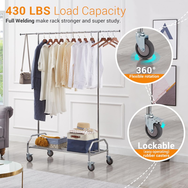 LiaMeE Heavy Duty Clothing Racks for Hanging Clothes, Adjustable Rolling