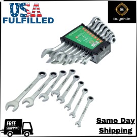Buyohlic 8 Pcs Ratcheting Wrench Set CR-V Steel 72T with Rack Organizer-USA FULFILLED