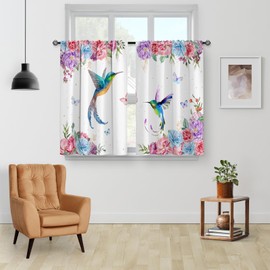 Aimego Floral Hummingbird Vintage Kitchen Curtains - Colourful Flower Cafe Farmhouse Small Short Tier Window Curtains for Living Dining Room Decor Rod Pocket Window Drapes 36 Inch Length Set 28"x36"