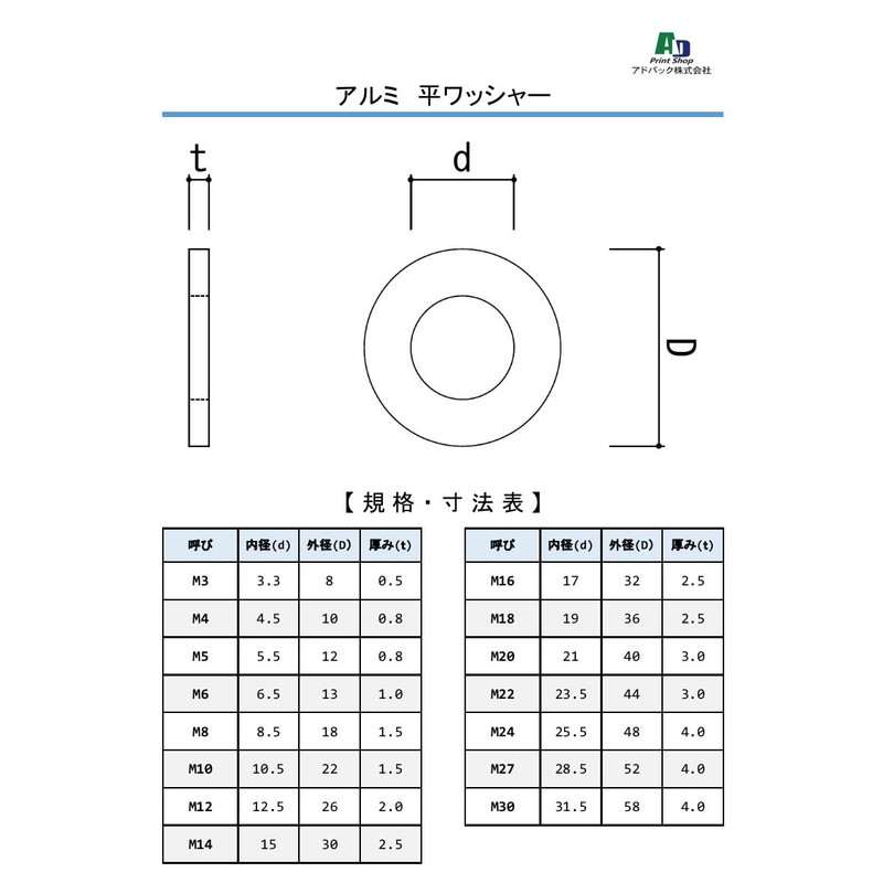 Adpack 【Made in Japan】 Aluminum Flat Washer M6 (6.5mm) x