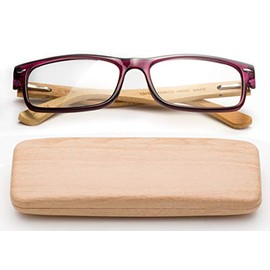 Real Bamboo Reading Glasses Spring Hinge Genuine Bamboo Rectangular Reader w/Case