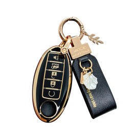 WEIFOU Fit for Nissan Key Fob Cover 5 Button, Smart Key Case for Altima Rogue Murano Pathfinder, Keys Shells with Keychain, Car Accessories Bling (RC5 Black)