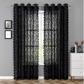 Bujasso Black Sheer Lace Curtains 84 inch Vintage Floral Sheer Window Curtain Panels for Living Room Bedroom Luxury Light Filtering Drapes Black Window Treatment Sets Grommet Top 2 Panels 54" Wx84 L