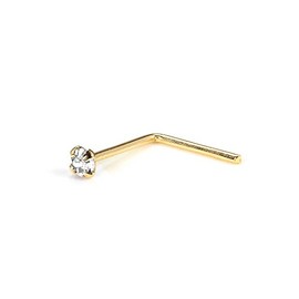 jewellerybox 9ct Yellow Gold L Shape Curved Nose Stud with 1.5mm Round CZ Crystal, 9ct Yellow Gold, Zirconium oxide