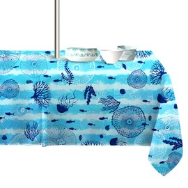 Virtumob Outdoor Tablecloth Blue Ocean Beach Tablecloth for Spring Summer, 60 x 84 inch Table Cloth with Umbrella Hole and Zipper, Perfect for Kitchen Dining Room Picnic Party Banquet, Outdoor Use