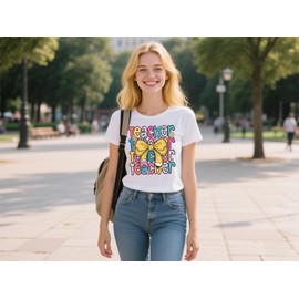 Teachers Shirt for Women Back to School Pencil Bow Graphic Tee Colorful Teacher Appreciation Top for Educators