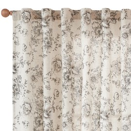 jinchan Linen Curtains Floral Curtains for Living Room 96 Inch Length Black Printed Curtains Rod Pocket Back Tab Farmhouse Peony Flower Patterned Drapes Bedroom Window Curtain Set Two Panels