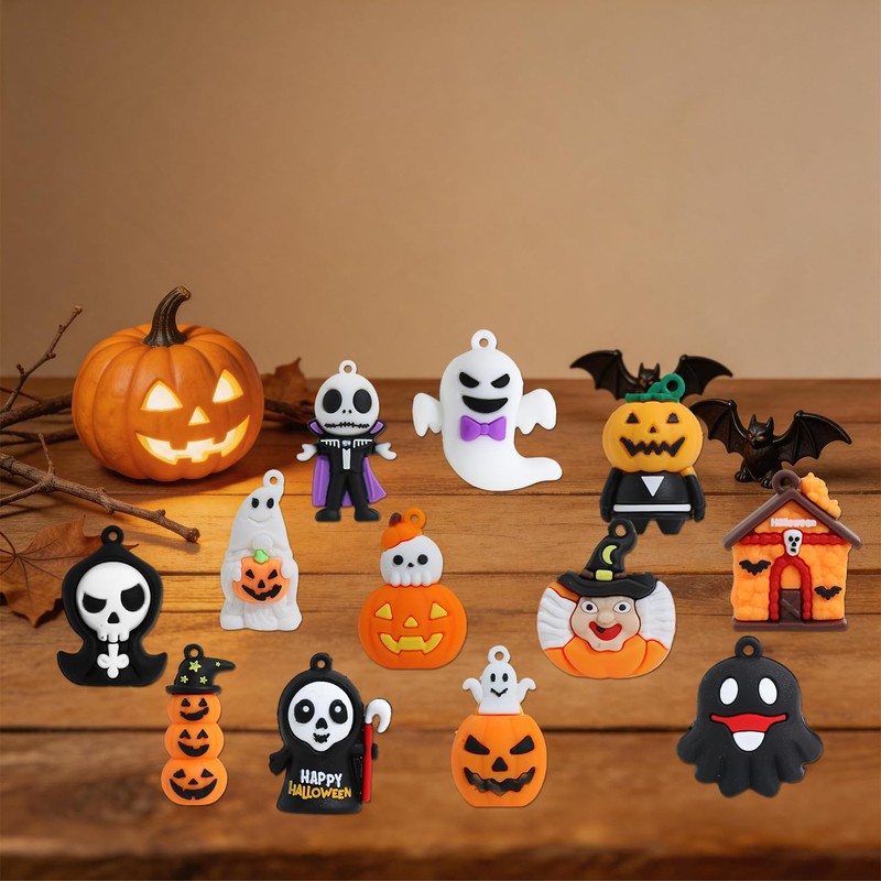 24Pcs Halloween Mini Figurines-Spooky Cute Ghost Pumpkin Skeleton Witch Bat