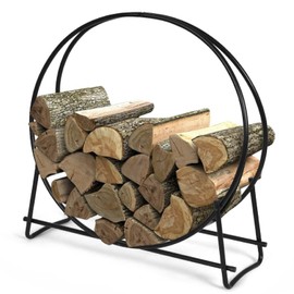 Happytools Firewood Rack, 40 Inch Heavy Duty Tubular Steel Round Log Hoop for Indoor and Outdoor, Black Wood Storage Holder for Fireplace, Fire Pit, Patio, Deck, Porch