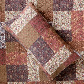 SLPR Red Riches 3-Piece Quilt Set - Queen Size with 2 Shams, Autumn Patchwork Design, Red Toned Lightweight Quilted Bedspread, Fall-Inspired Country Bedding