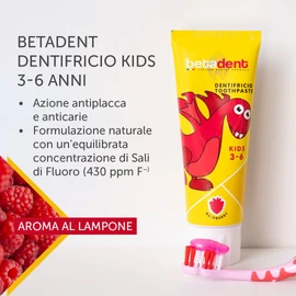Betadent Set of 2 dentistry for children aged 3-6 years. Raspberry flavour. Anti-plaque and caries effect. Uniform dosage of fluorine salt at a concentration of 430 ppm F. 2 x 75 ml