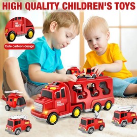 Agarte Fire Engine Toys, 5 in 1 Fire Truck Toys with Sound & Light, Helicopter, Ladder Truck, Sprinkler, Fire Car Carrier Transport Vehicle Toy Christmas Birthday Gift for Kids Age 3 4 5 6+