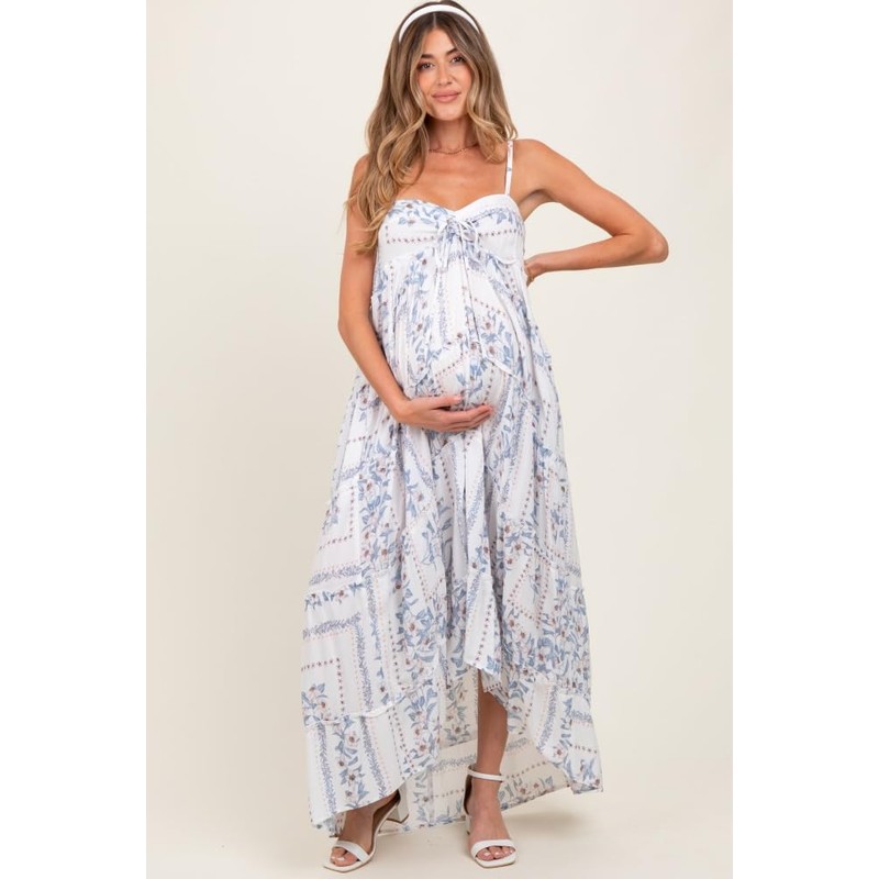 PinkBlush Light Blue Hi-Lo Spaghetti Strap Patchwork Ruffle Maternity Maxi
