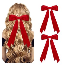 Red Hair Bows - ShiningUU 2 Pack Clip-On Ribbon Hair Accessories with Long Tails | Hair Ribbons for Girls Women & Girls