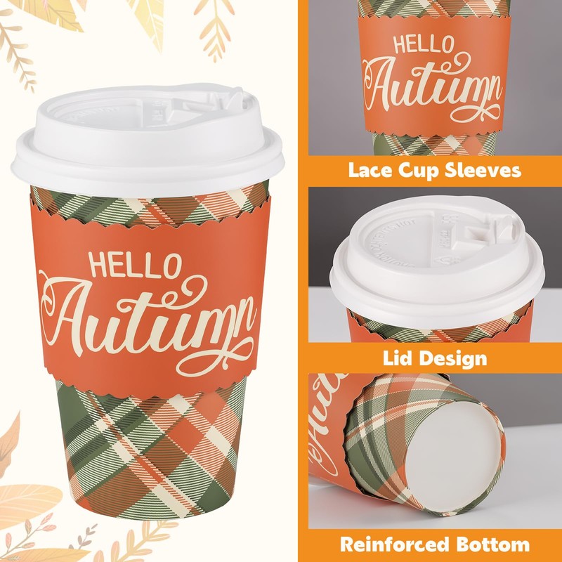 60 Set Fall Disposable Coffee Cups with Lids Sleeves, Autumn
