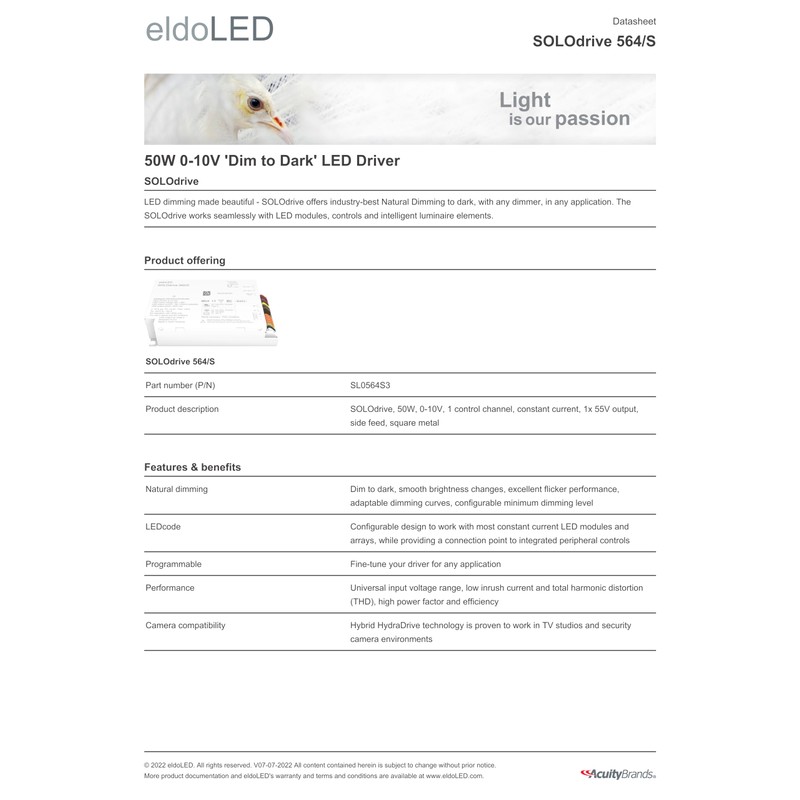 eldoLED | SL0564S3 SOLOdrive 50W 0-10V 'Dim to Dark' LED