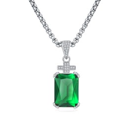 YAMI Necklace for Men, Gem Quality 17.5 Carat 5A Cubic Zircon Emerald Cut Birthstone Emerald Green, Cross Pendant with 24" Stainless Steel Chain, Jewelry Gift for Husband/Father/Boyfriend
