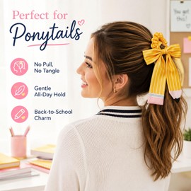 Cute Pencil Bow Hair Tie,Satin Striped Yellow Pencil Hair Scrunchies with Long Ribbon Tail, Back to School Ponytail Holder Hair Accessory for Girls Students Women,Teacher Appreciation Gift Hair Band