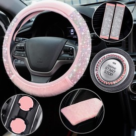 7 Pcs Pink Bling Pink Steering Wheel Cover Set Fluffy Car Accessories for Women Includes Rhinestone Seat Belt Covers and 2.75 Inch Bling Car Cup Holders Fuzz Gear Shift Cover Crystal Push Start Button
