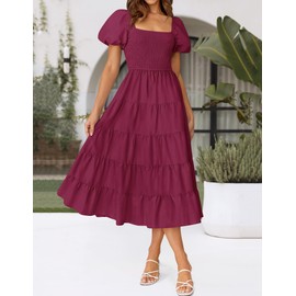 ZESICA Women's 2025 Summer Square Neck Short Puff Sleeve Solid Color High Waist Casual Smocked Flowy A Line Tiered Midi Dress,Fuchsia,Medium