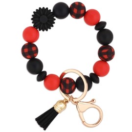 BAOSIWA Silicone Beaded Keychain Wristlet Key Ring Bracelet Red Black Plaid Car Key Chain Holder for Women Girls