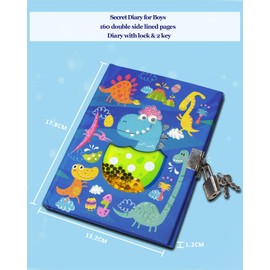 Diary Boy with Lock, 17.8 x 13.5 cm, 80 Lined Sheets, Shakeable Sequin Dinosaur Notebook Girls Children Diary for Writing Teenager Gifts Girls & Boys 6 7 8 9 10 Years