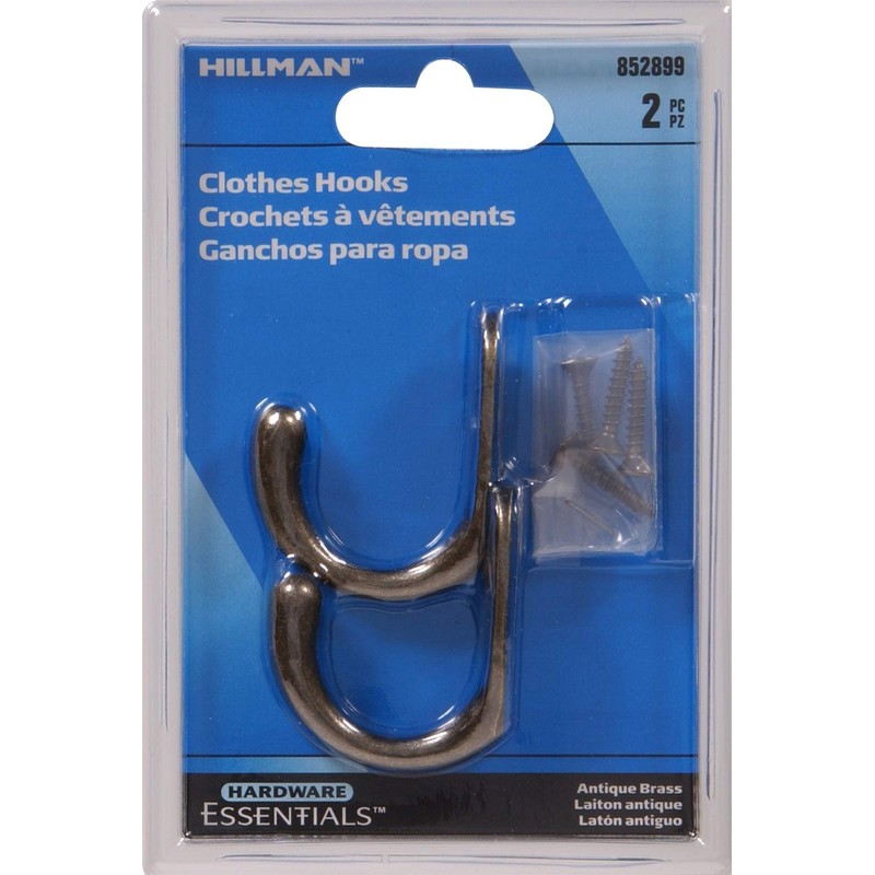 Hillman Hardware Essentials 852899 Clothes Hooks Antique Brass -2 Pack