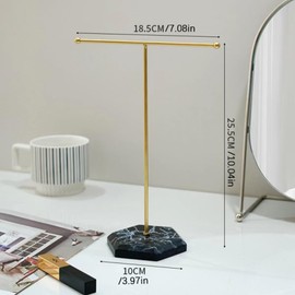 JJiaoLinin Jewellery Organiser Stand, Hanging Jewelry Organizer, Metal T-Bar Necklace Display Stand with Marble Pattern Tray,Suitable for Necklaces,Bracelets,Earrings,Rings,Watches,Etc(White+Gold)