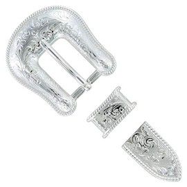 Western Cowboy Cowgirl Floral Engraved Belt Buckle Set fits 3/4"(19mm) Belt Strap - (Brgiht Silver)