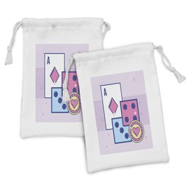 Lunarable Poker Fabric Pouch Set of 2, Diamond Suit Playing Card Dices and Heart Shaped Golden Chip Illustration, Small Drawstring Bag for Toiletries Masks and Favors, 9" x 6", Pale Mauve Multicolor