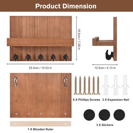 Kldgris Wooden Key Holder with Shelf, Key Holder with 5 Key Hooks, Decorative Wooden Wall Shelf for Entrance, Front Door, Hallway, Bedroom, Brown