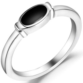 Stainless Steel Oval Shape Black Enamel Statement Anniversary Ring (Silver Black, 12)